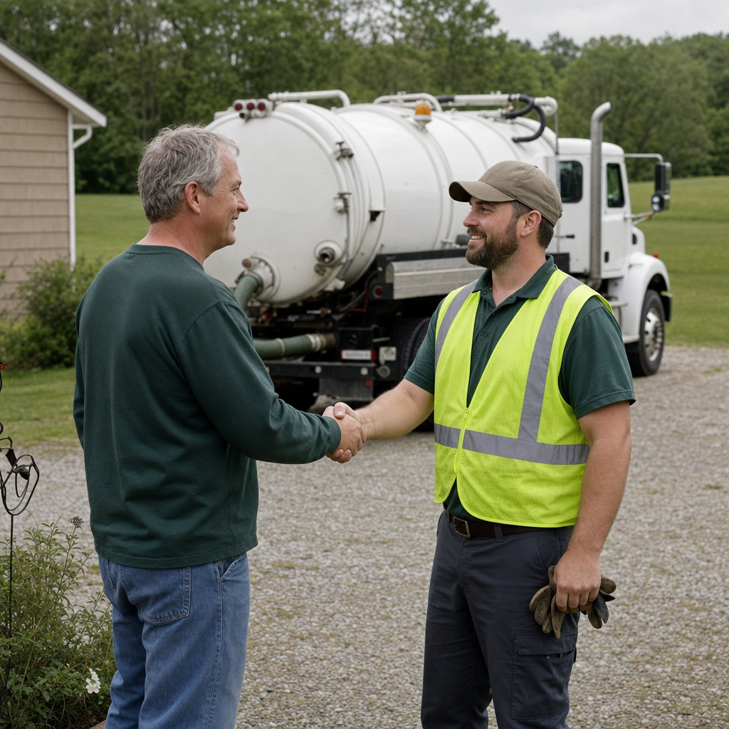 A septic technician shaking a Spokane Valley homeowner's hand beside the service truck after a completed pump-out