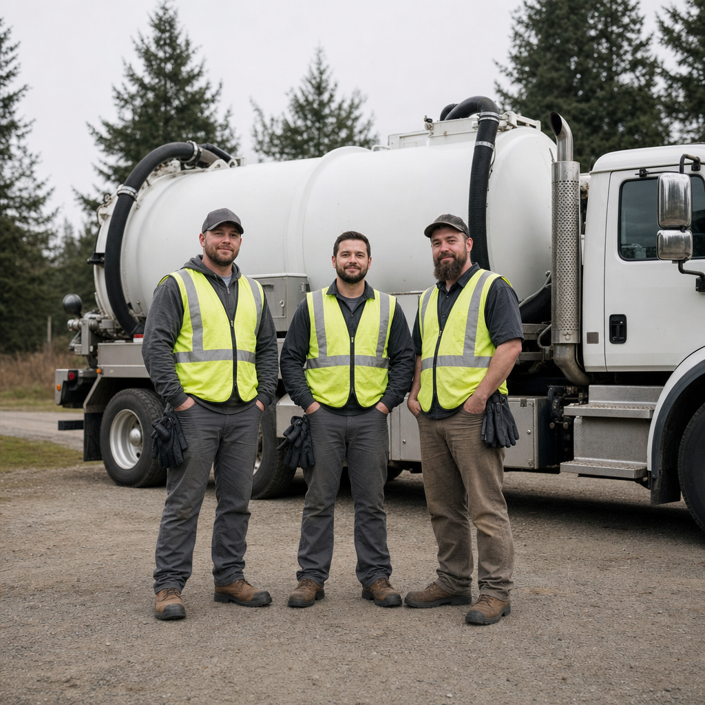 The Spokane Valley septic pumping crew standing together beside their clean white vacuum truck on a residential street