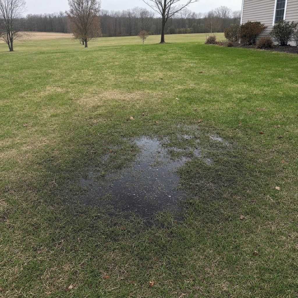 A dark, saturated wet spot in a Spokane Valley backyard lawn marking a failing cesspool at capacity