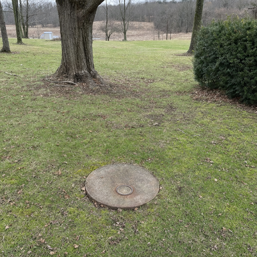 An older round cesspool access lid set flush in an established, mature Spokane Valley backyard lawn
