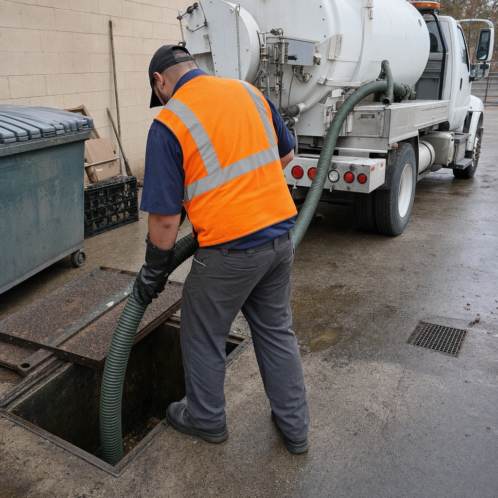 Technician pumping a grease trap behind a Spokane Valley restaurant