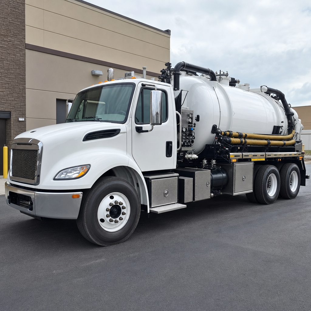 Commercial septic vacuum truck parked in a Spokane Valley business parking lot