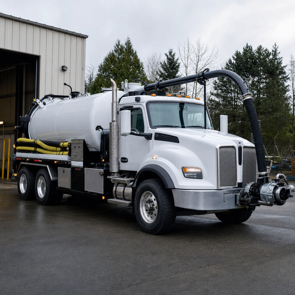 A clean white septic vacuum truck rolling out of a tidy Spokane Valley service depot at the start of the day