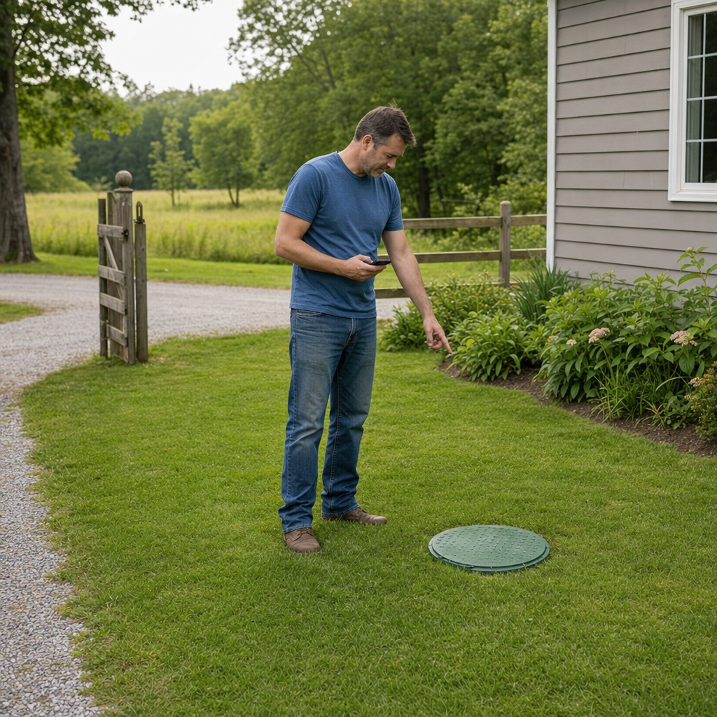 A Spokane Valley-area homeowner standing in the backyard noting where the septic tank lid and access route are located