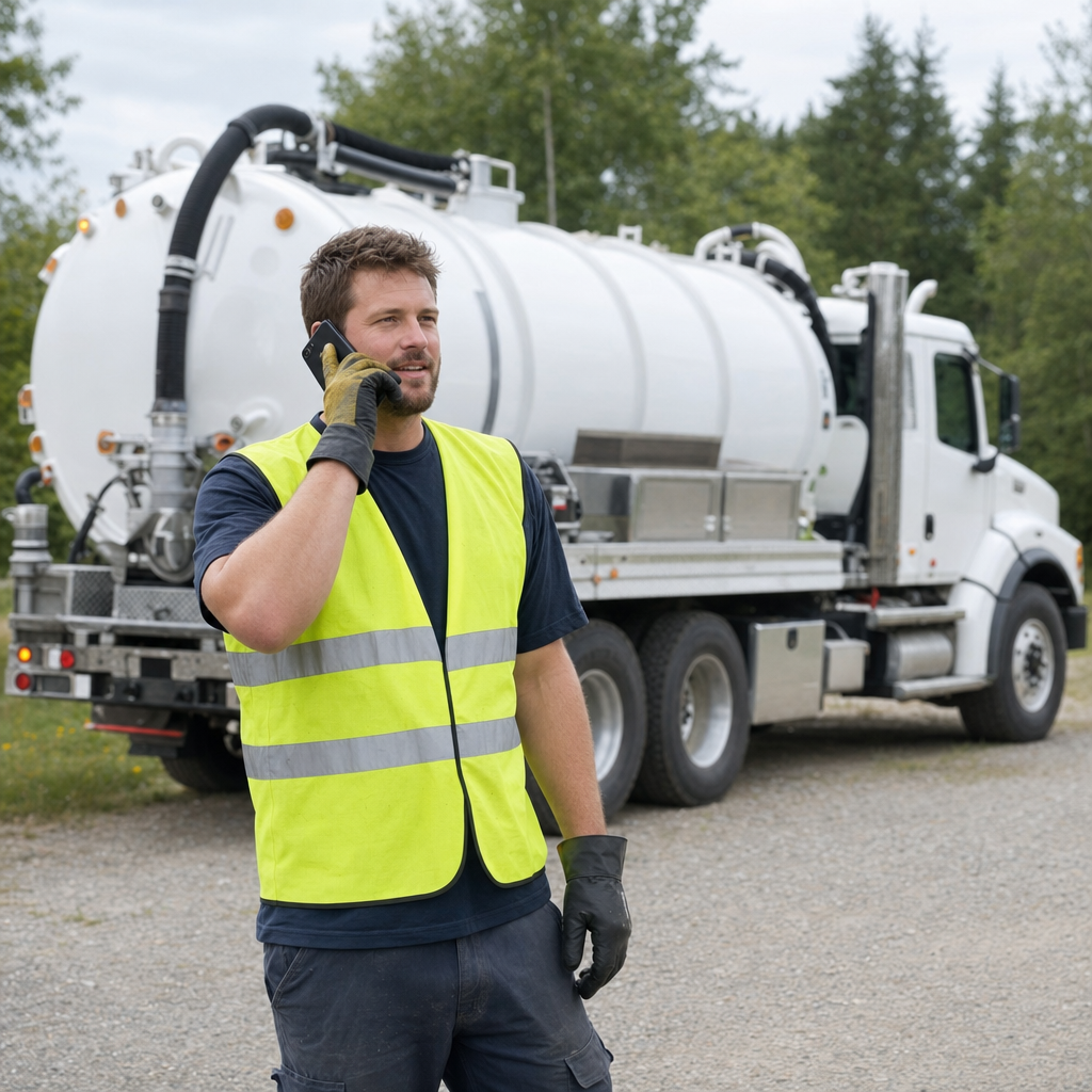 A friendly septic dispatcher holding a phone, ready to answer a Spokane Valley homeowner's call about a pump-out