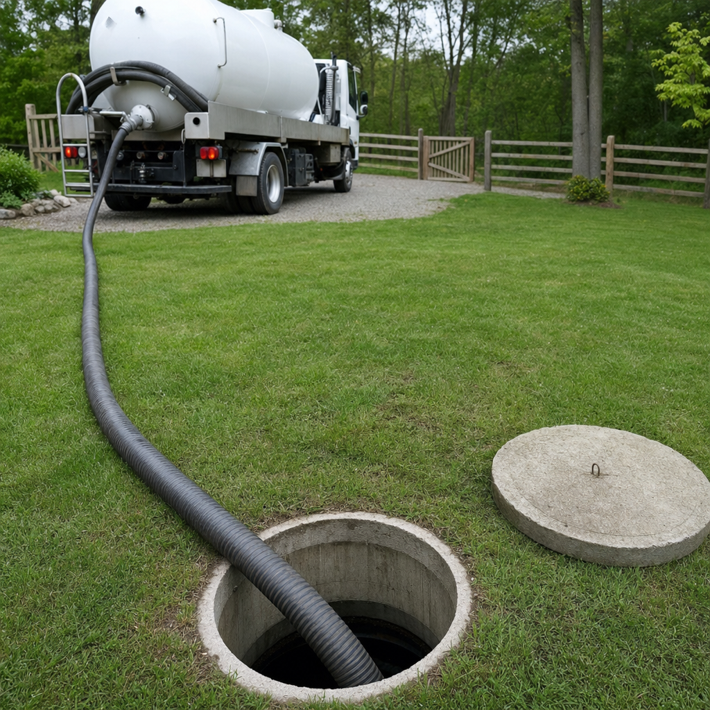 Suction hose connected to an open septic tank, drawing it down in a tidy Spokane Valley yard