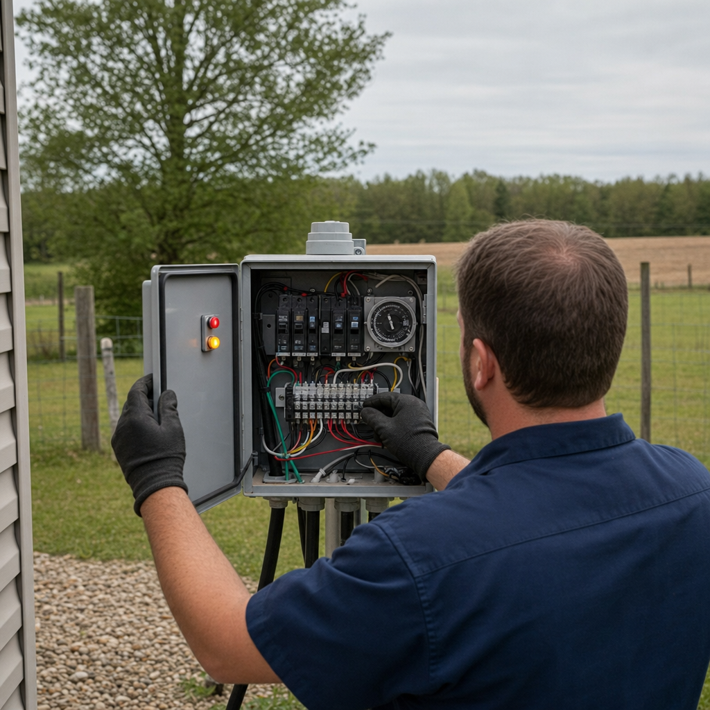 Technician checking an aerobic septic control box with a lit red high-water alarm during a same-day Spokane Valley visit