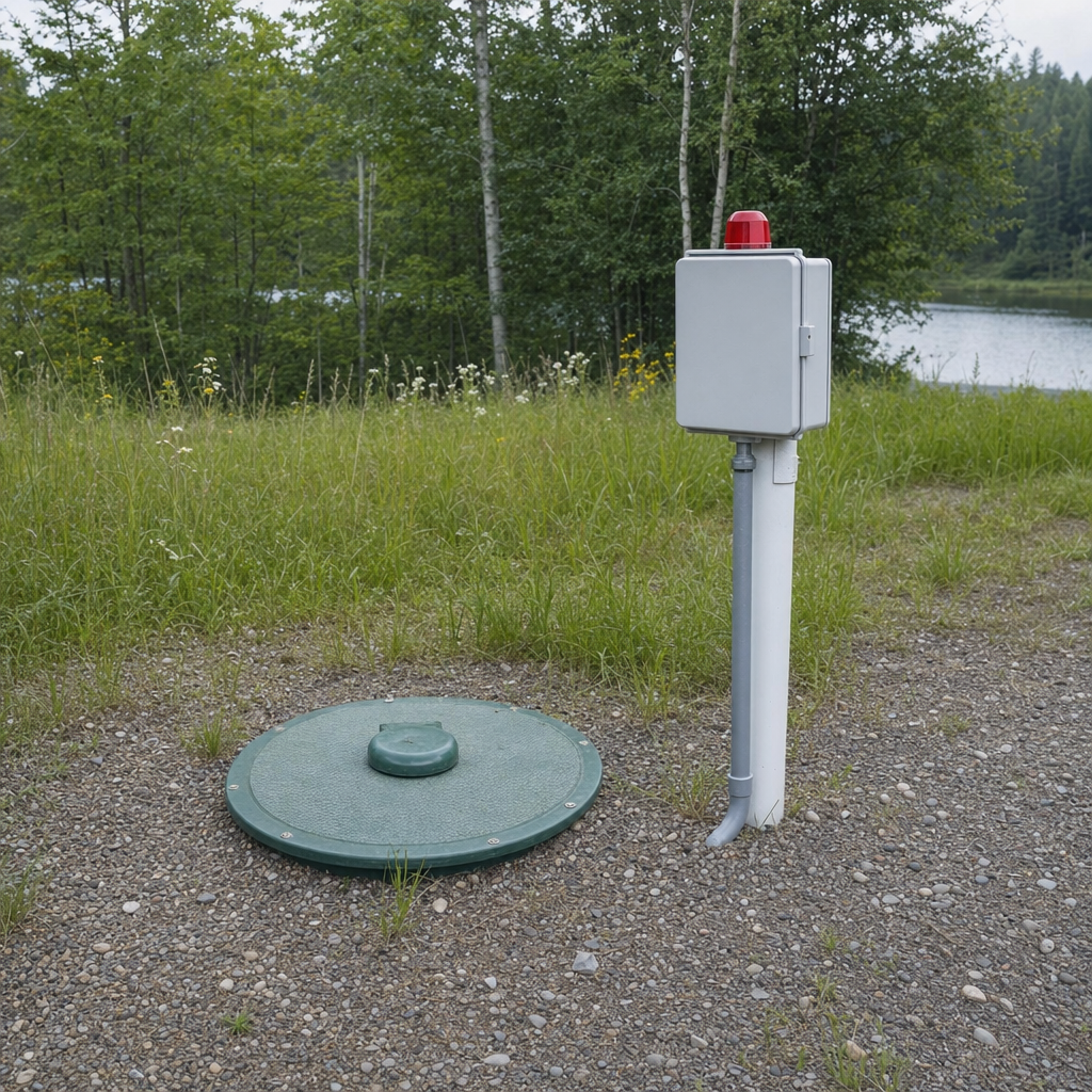 A wastewater holding tank access lid set in the ground at a rural Spokane Valley-area cabin, with a mounted high-level float alarm panel nearby