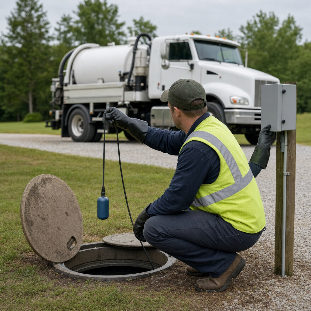 A septic technician in a high-visibility vest checking a high-level float switch and alarm panel on a holding tank at a rural Spokane Valley-area site