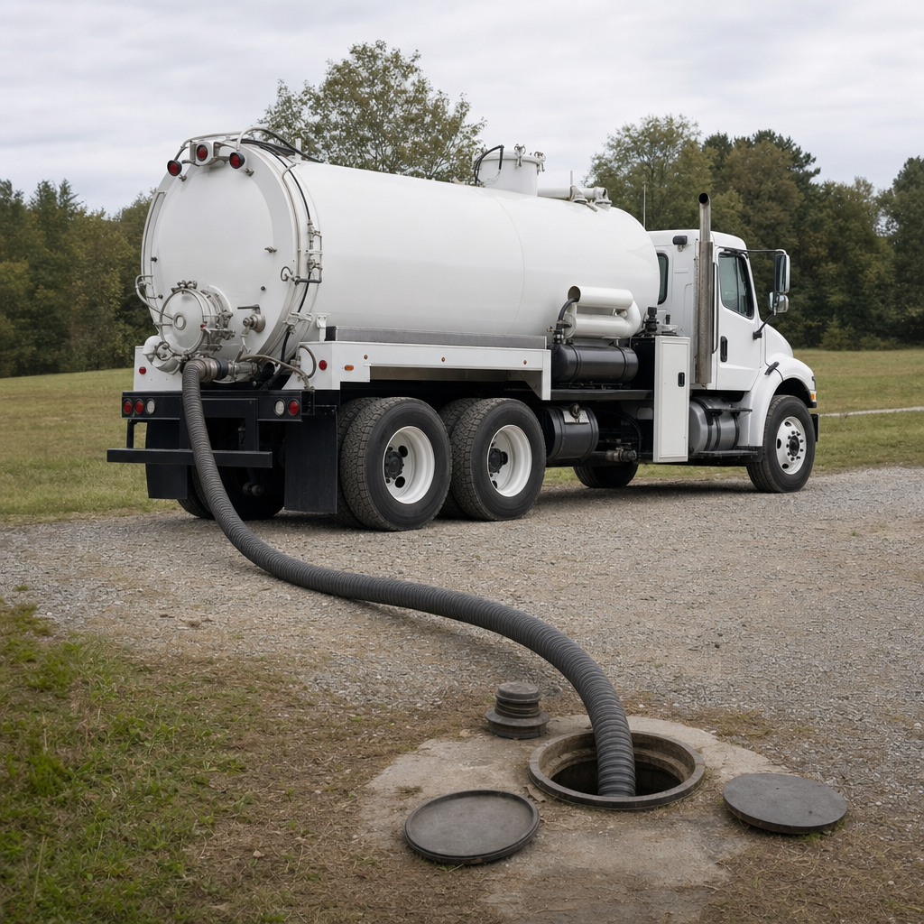An unmarked white vacuum truck emptying a wastewater holding tank on a scheduled visit at a rural Spokane Valley-area property, thick suction hose running to the tank lid