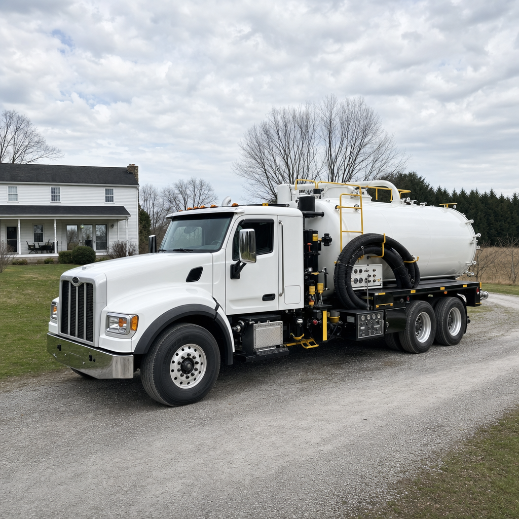 A clean white septic vacuum truck parked on a tidy Spokane Valley driveway with the suction hose neatly coiled