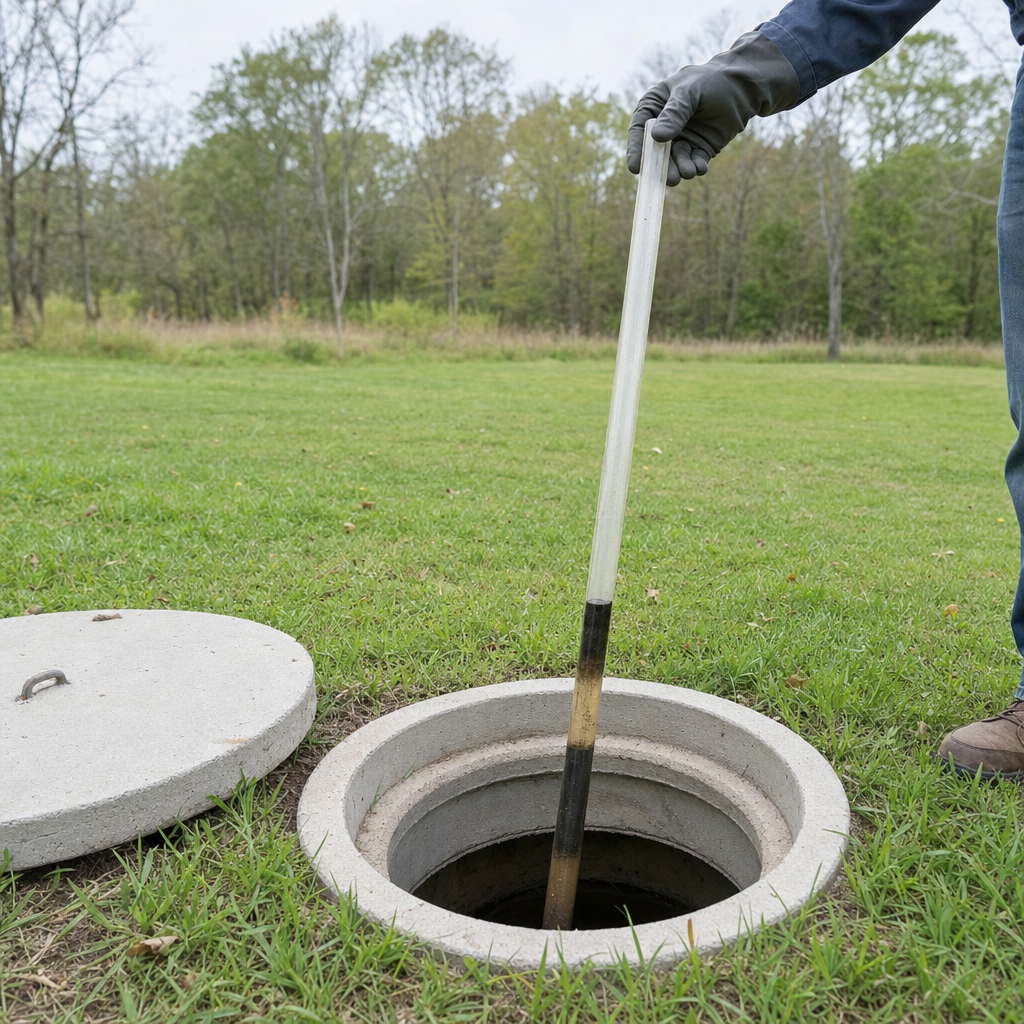 A septic sludge-judge measuring stick lowered into an open Spokane Valley septic tank to read the depth of the sludge and scum layers before deciding whether a pump-out is due