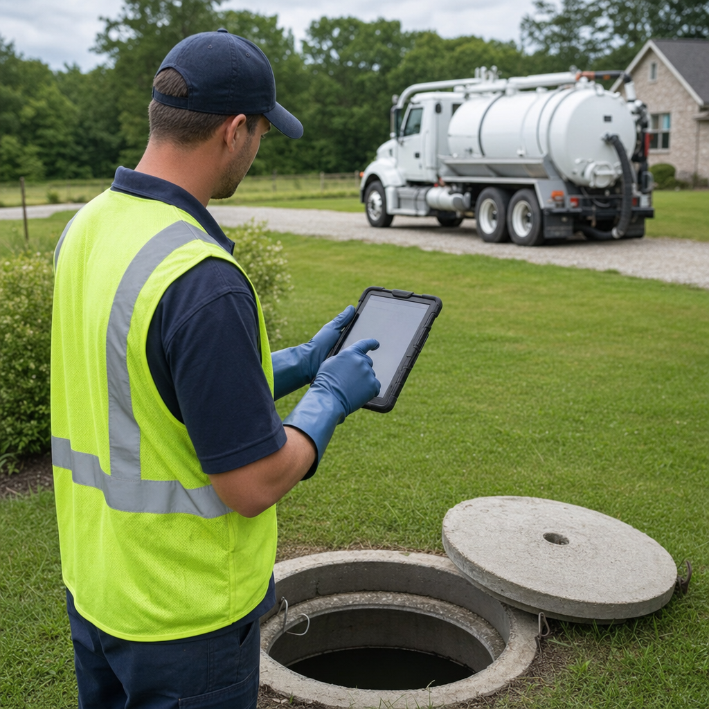 A septic technician recording a Spokane Valley home's pump-out date and tank condition on a tablet beside an open access lid, tracking the service history that sets the next due date