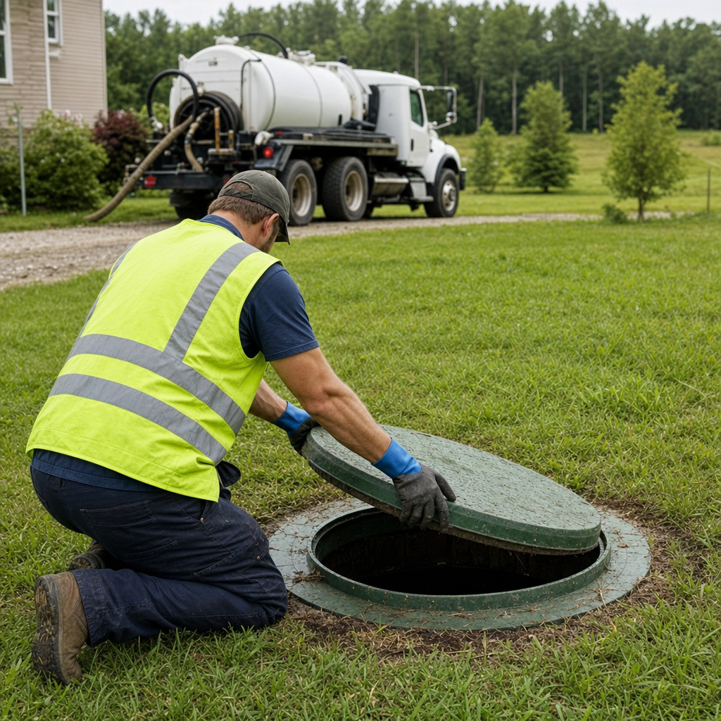 Septic technician kneeling on a Spokane Valley lawn, lifting the access lid on a residential septic tank