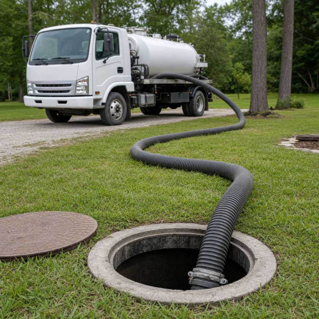 Thick ribbed suction hose lowered into a clean open septic tank port on a tidy Spokane Valley backyard lawn