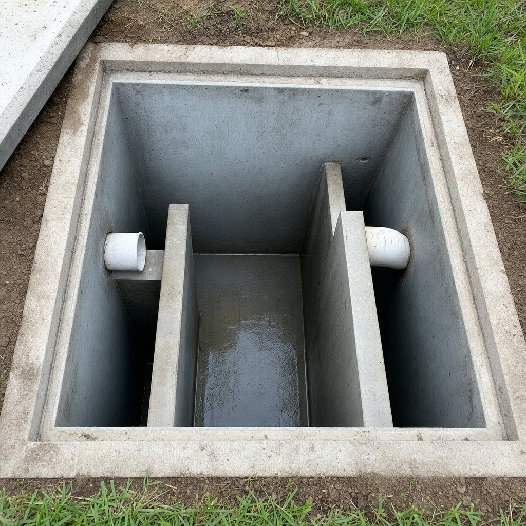 Inspection of the concrete baffles inside an open, emptied and freshly cleaned Spokane Valley septic tank