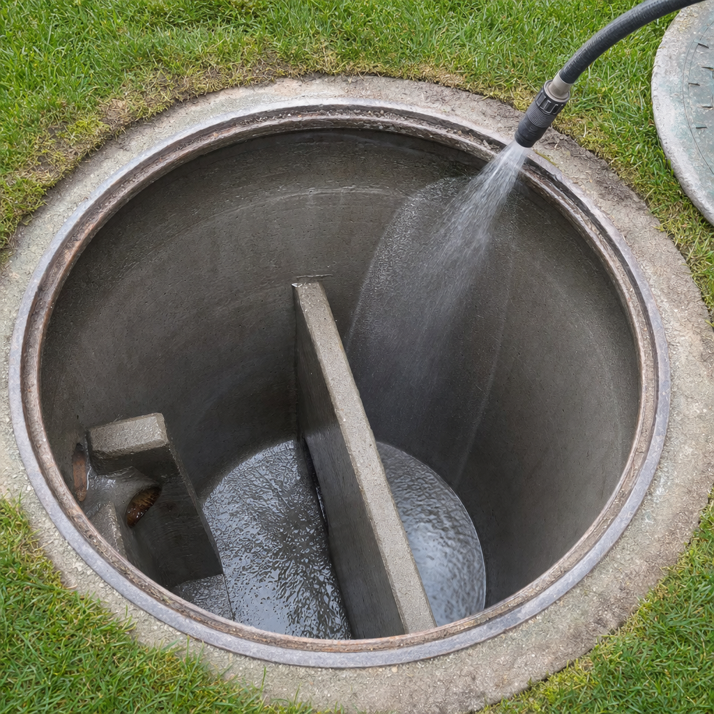 Interior concrete walls of an emptied Spokane Valley septic tank being rinsed clean with the truck's onboard water hose