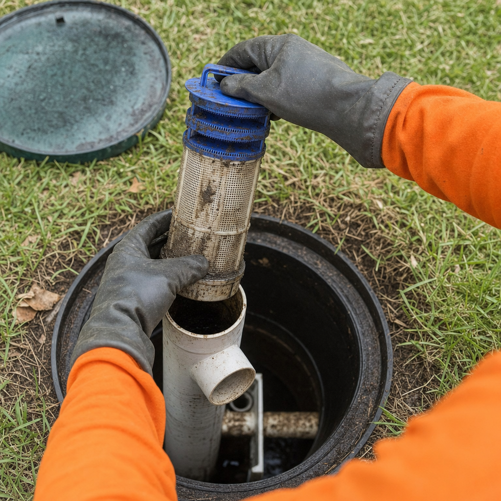 Septic technician's gloved hands lifting the effluent filter cartridge out of the outlet housing on a Spokane Valley septic tank