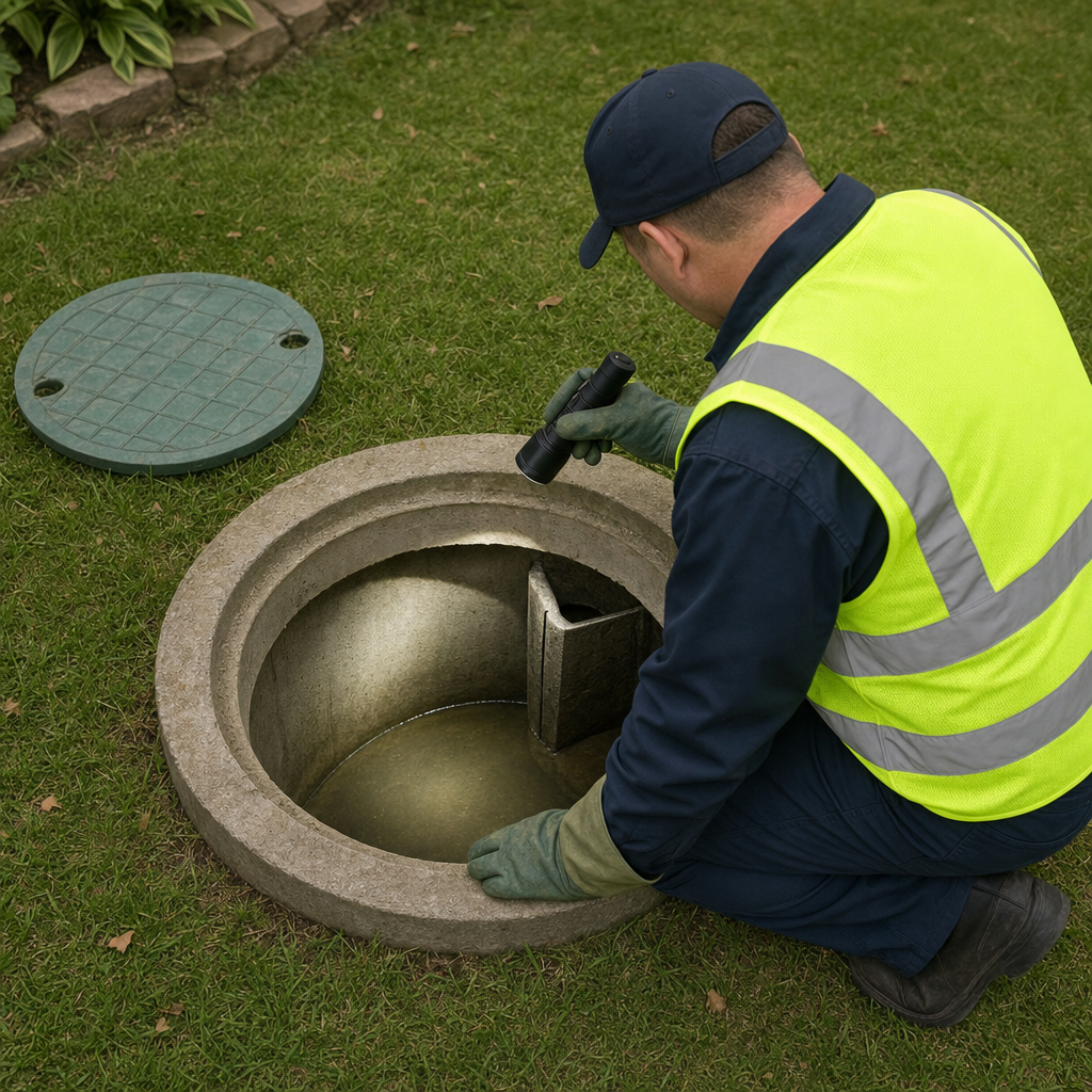 Septic technician shining a flashlight into an emptied, freshly rinsed septic tank to inspect the interior walls and baffles