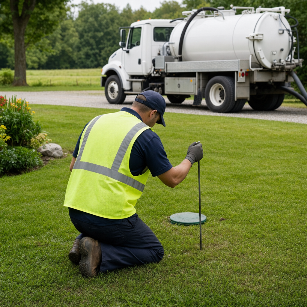 Septic technician kneeling on a Spokane Valley lawn, probing to locate and measure the depth of a buried septic tank lid before pumping
