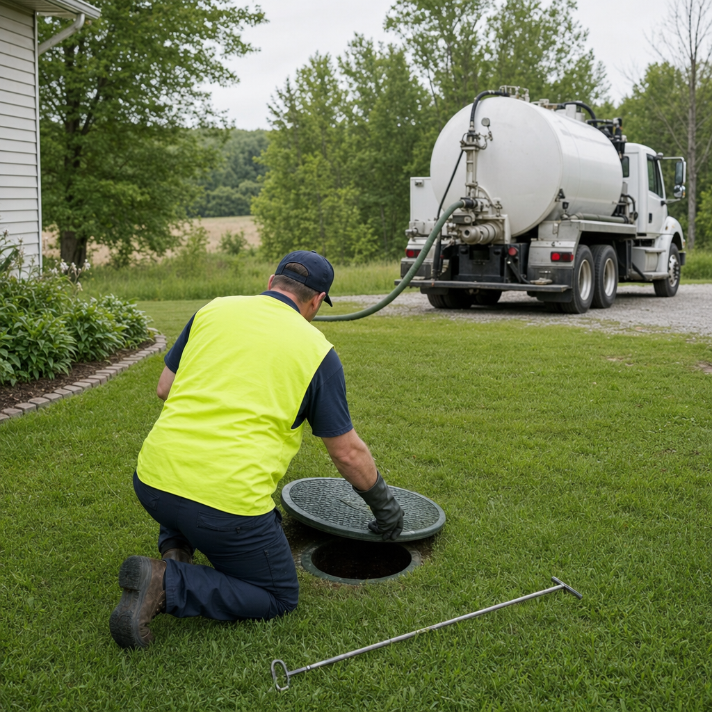 Septic technician kneeling on a Spokane Valley lawn, lifting the buried access lid on a residential septic tank