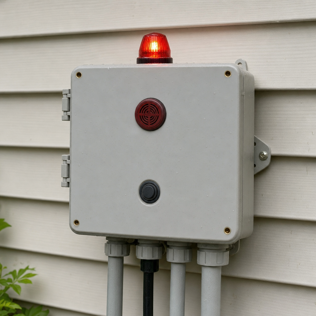 An aerobic septic system control panel mounted outside a Spokane Valley home with its red high-water alarm light lit