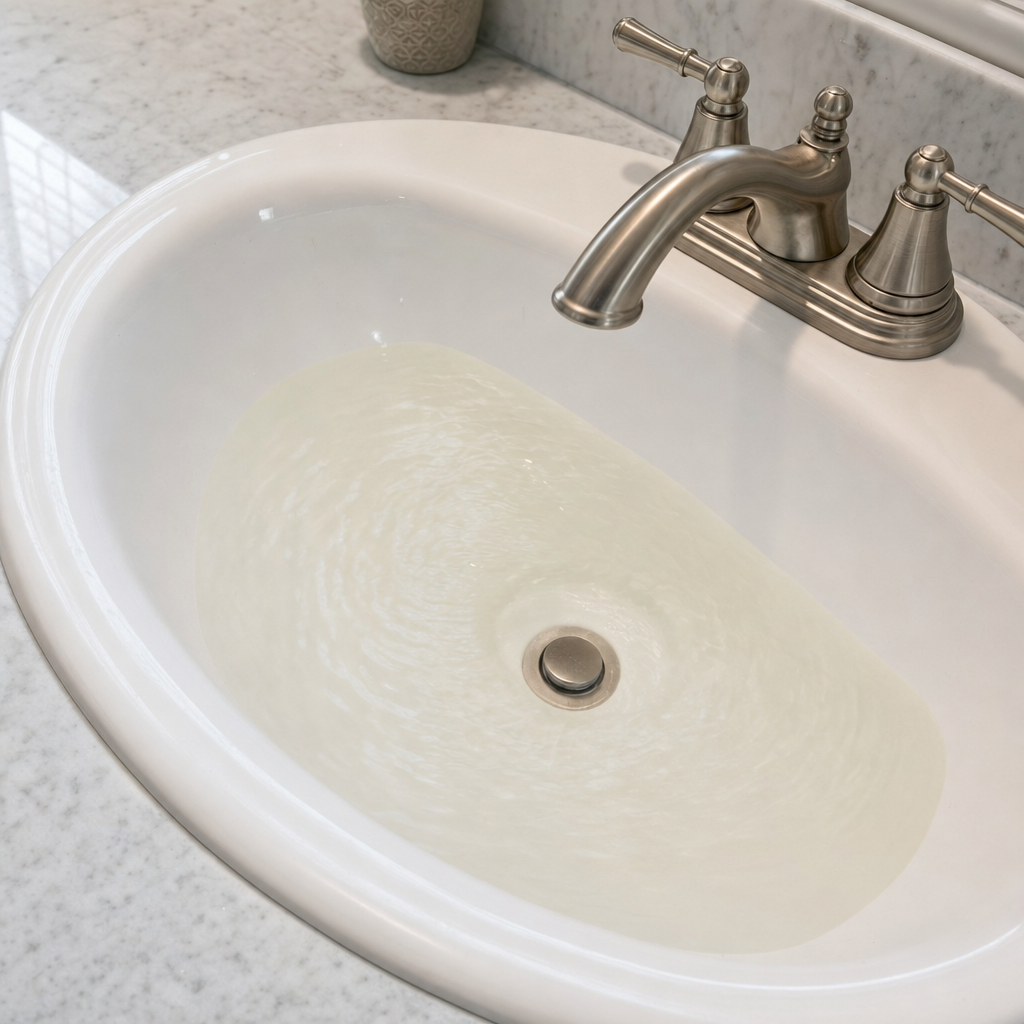 A bathroom sink draining slowly with water pooled in the basin, an early warning sign that a Spokane Valley septic tank is full